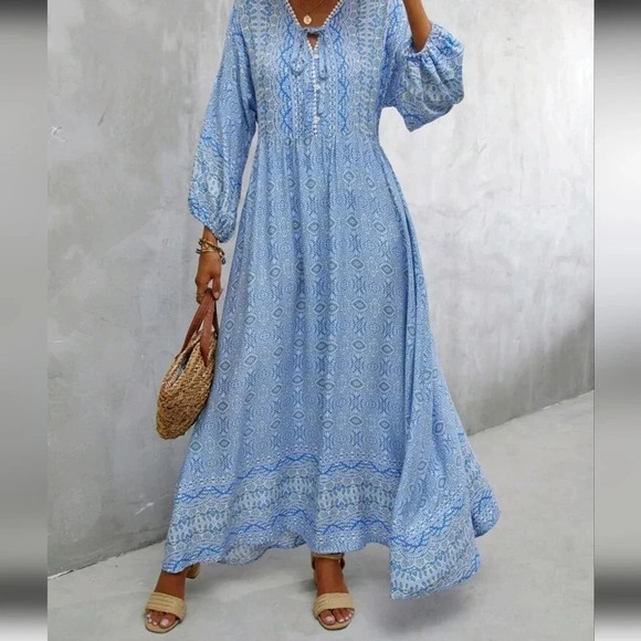 Allover Print Tie Neck Lantern Sleeve Dress - Picture 6 of 6